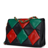 Vintage Chanel Harlequin Flap Bag Green, Red and Blue Lambskin Gold Hardware