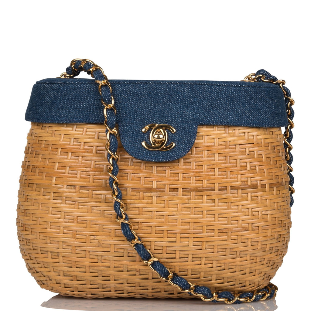 CHANEL, Bags, Sold Chanel Vintage Basket Bag Denim And Rattan Wicker Gold  Hardware
