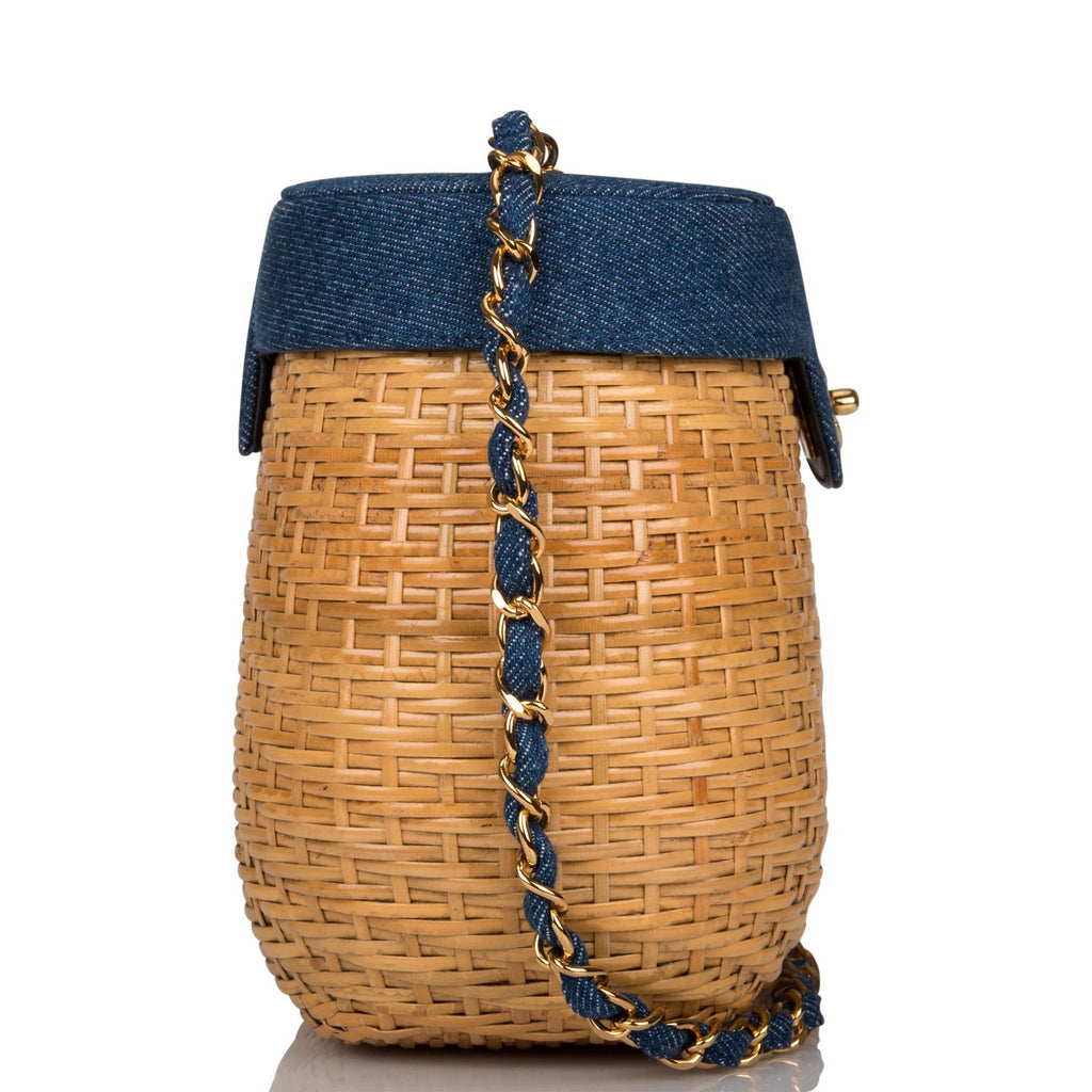 Vintage Chanel Basket Bag Denim and Wicker Gold Hardware