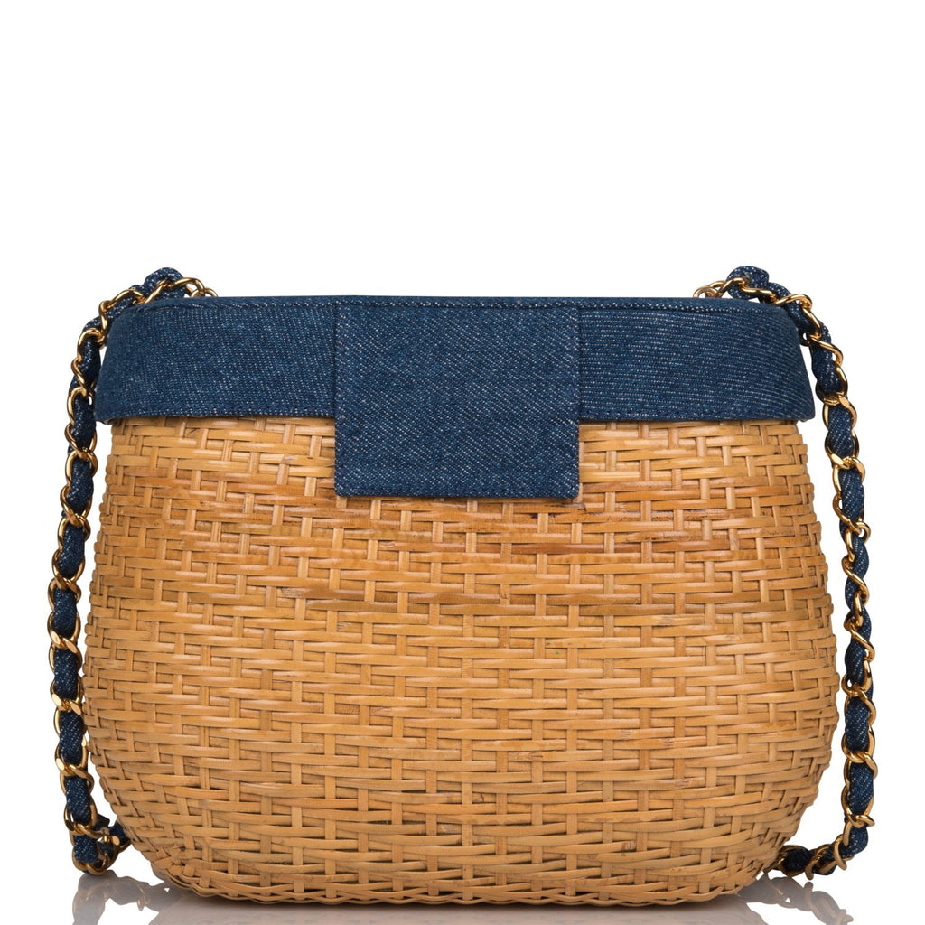 Vintage Chanel Basket Bag Denim and Wicker Gold Hardware