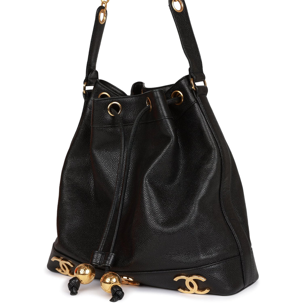 Chanel black bucket bag with logo on the front and gold detail - 1980s  second hand Lysis
