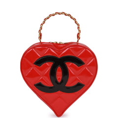 Vintage Chanel Heart Vanity Bag Red and Black Patent Antique Gold Hardware