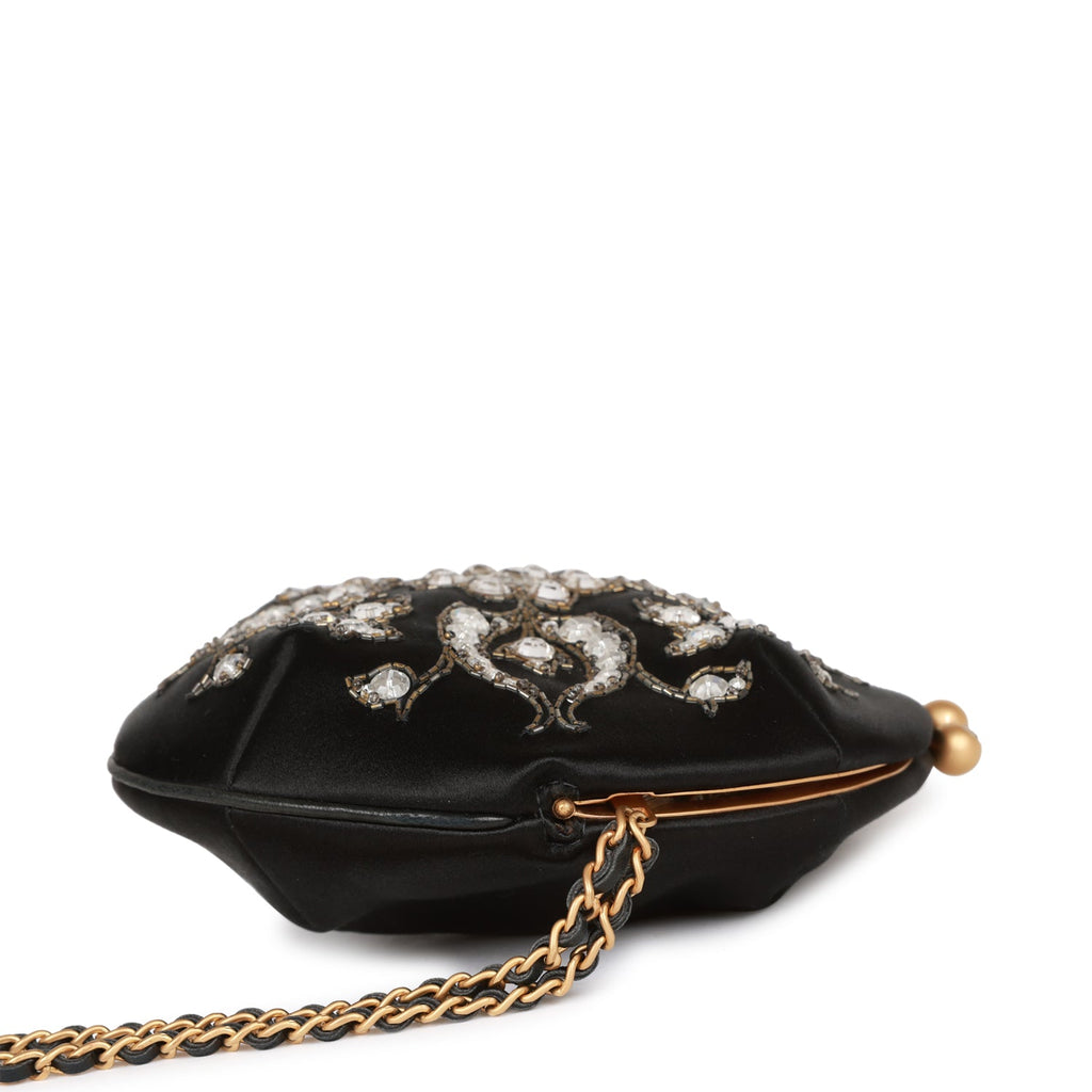 Vintage Chanel Clutch Bag Black Satin Embellished Antique Gold