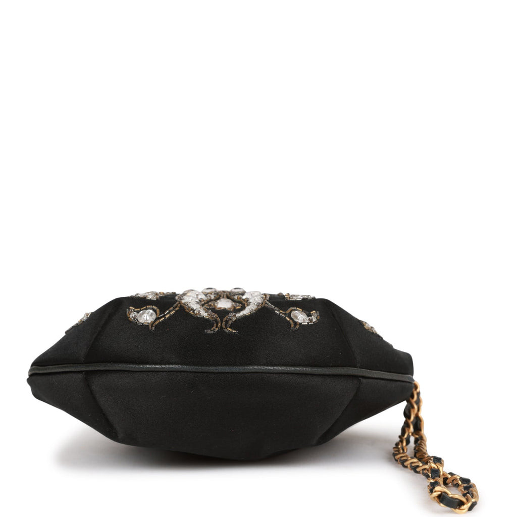 Vintage Chanel Clutch Bag Black Satin Embellished Antique Gold