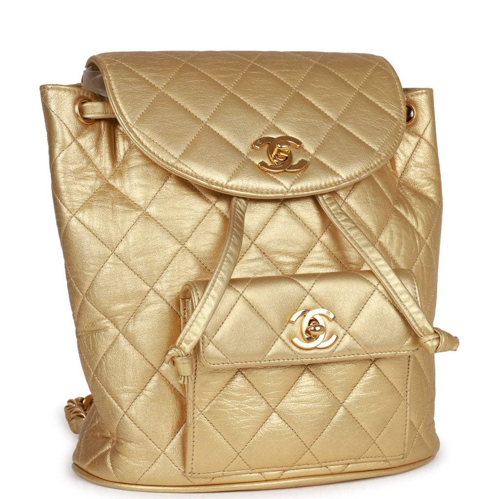 Chanel Quilted Small Duma Drawstring Backpack Grey Lambskin Gold