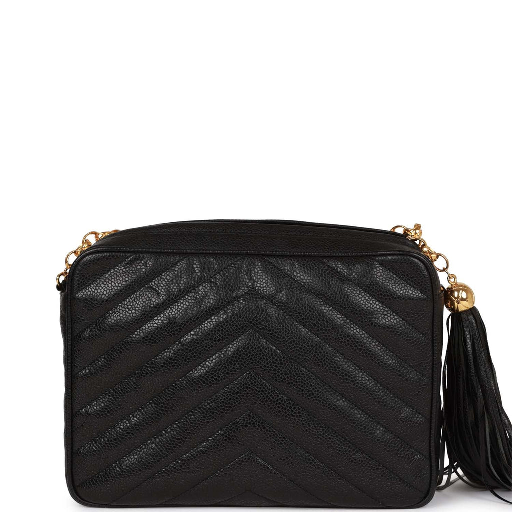 2018 Chanel Black Chevron Quilted Calfskin Leather Classic Fringe Camera Bag