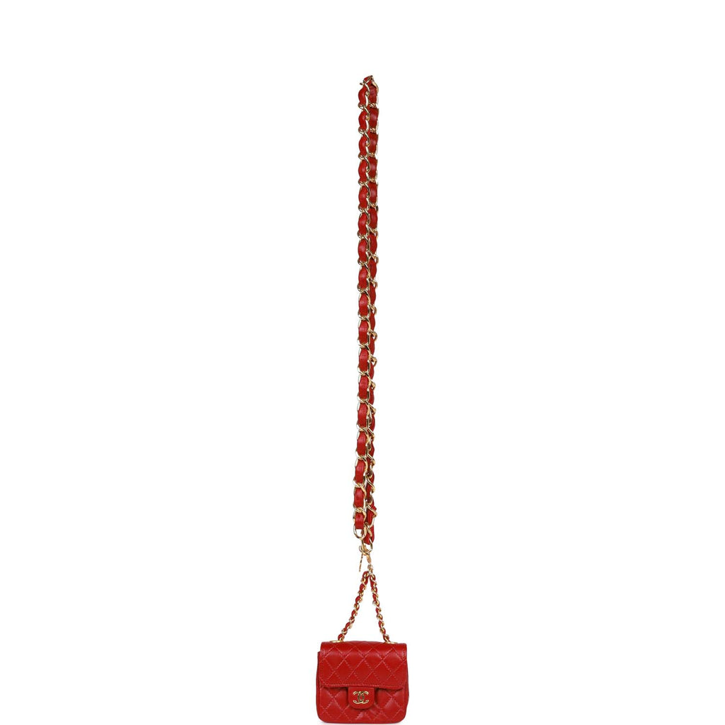 Vintage Chanel Micro Waist Flap Bag Red Lambskin Gold Hardware