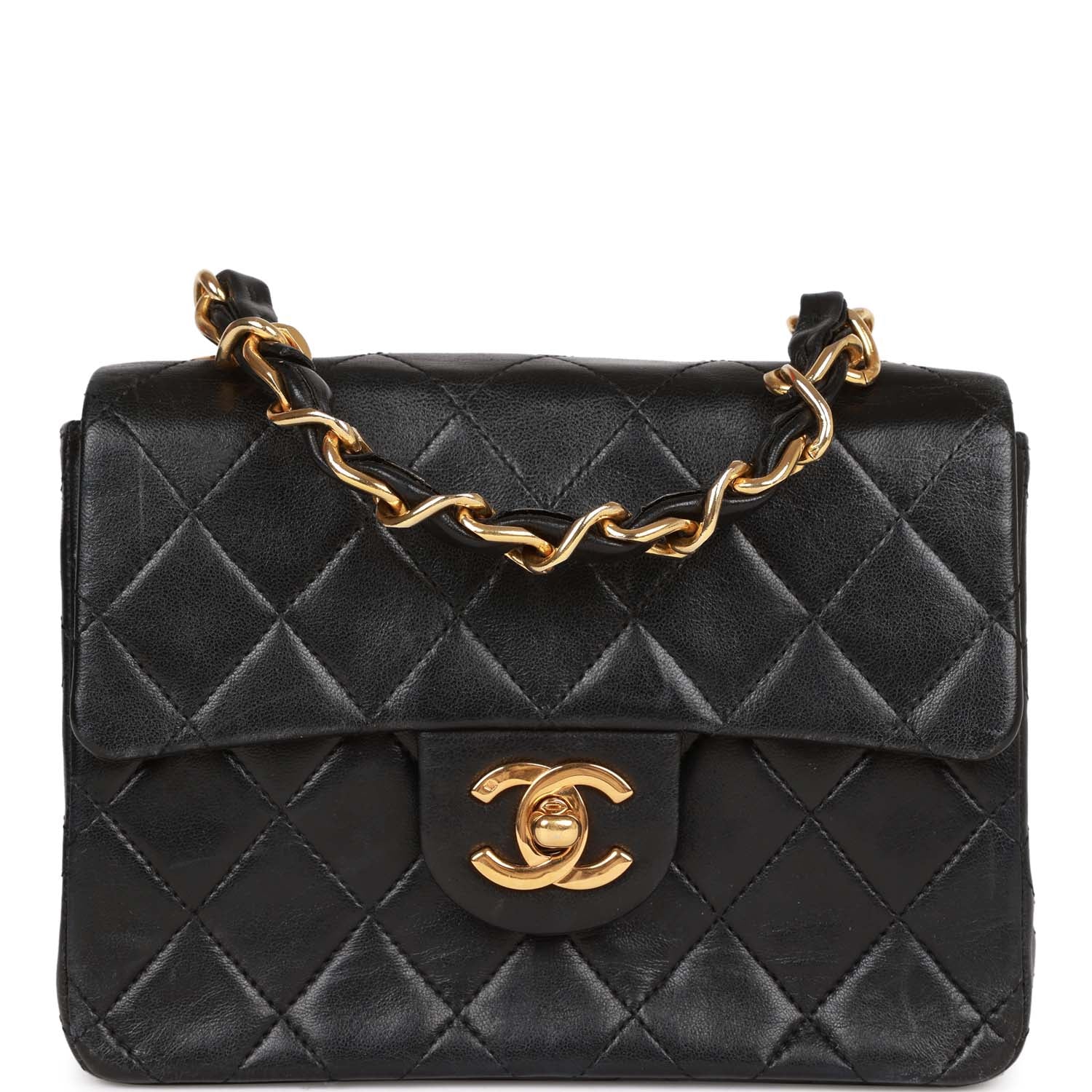 Vintage Chanel Mini Flap Chain Handle Bag Black Lambskin Gold Hardware ...