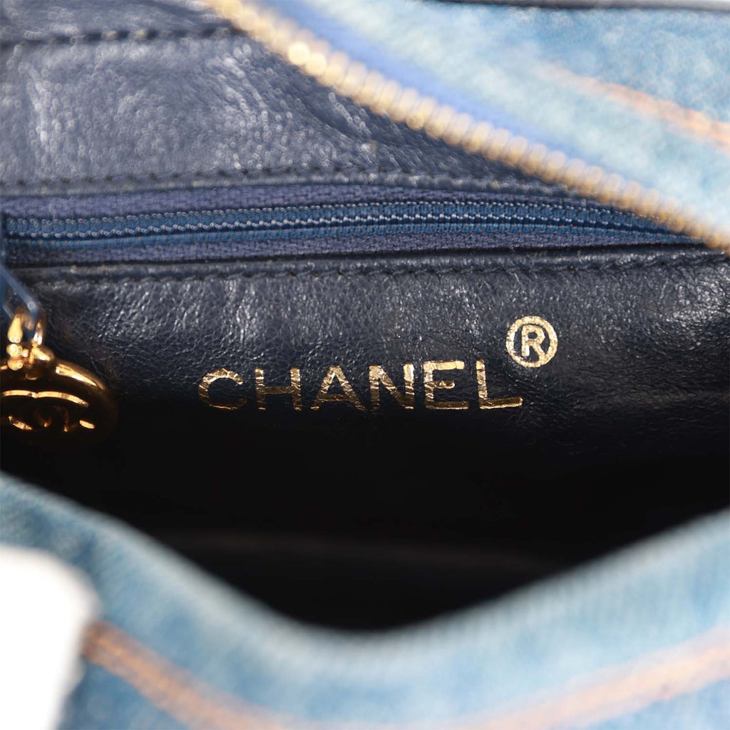 Vintage Chanel Mini Camera Bag Blue Denim Gold Hardware