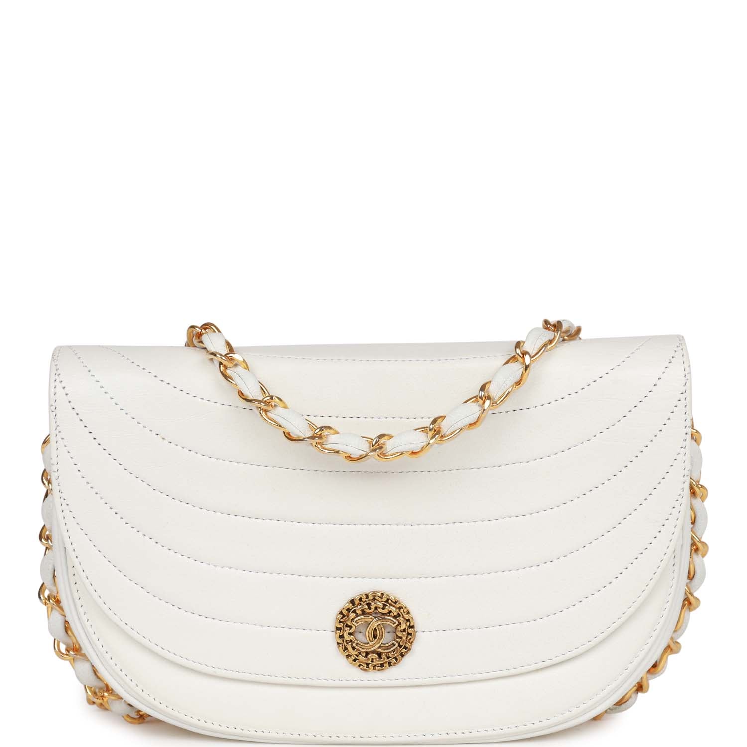 Vintage Chanel Half Moon Shoulder Bag White Lambskin Gold Hardware ...