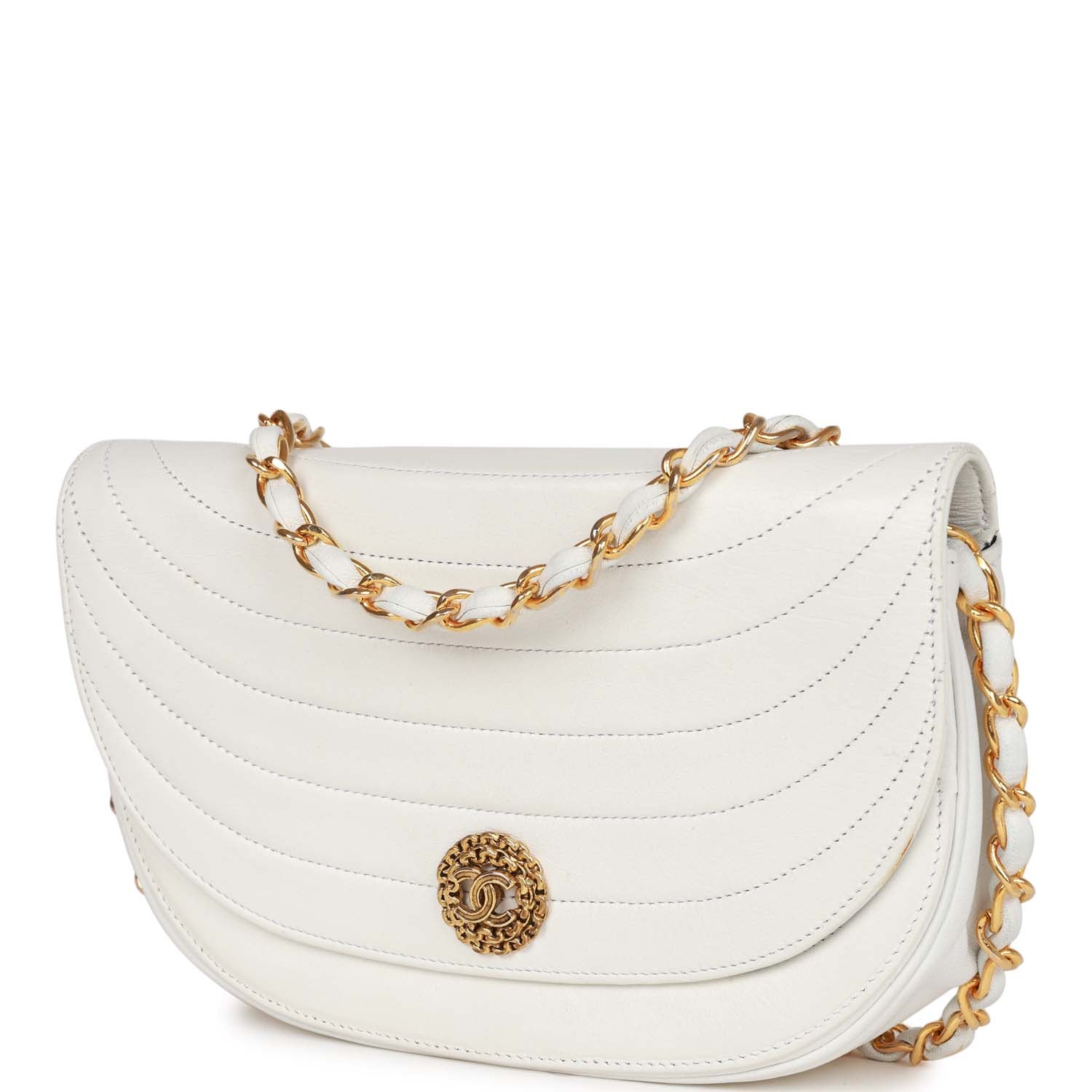 Vintage Chanel Half Moon Shoulder Bag White Lambskin Gold Hardware ...