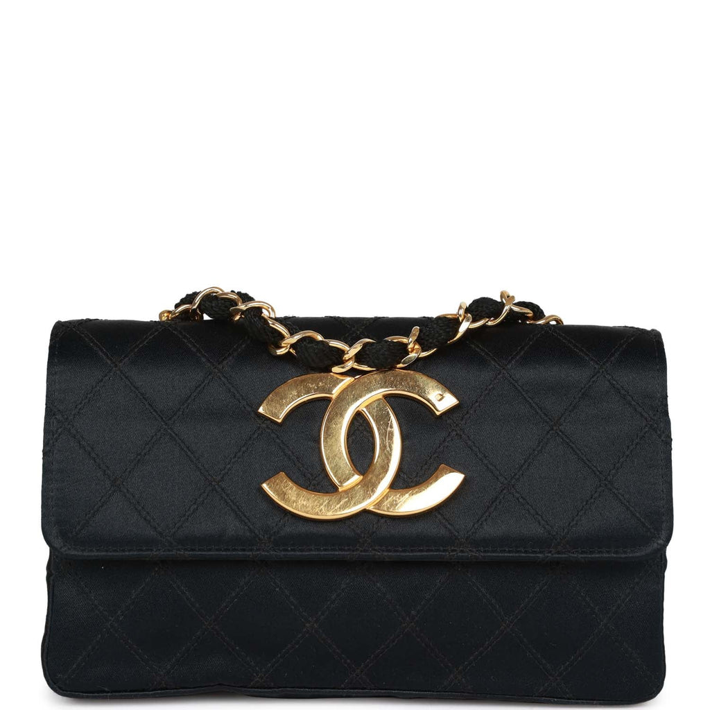 Auth CHANEL - Black Gold Satin Leather Clutch Bag Gold hardware