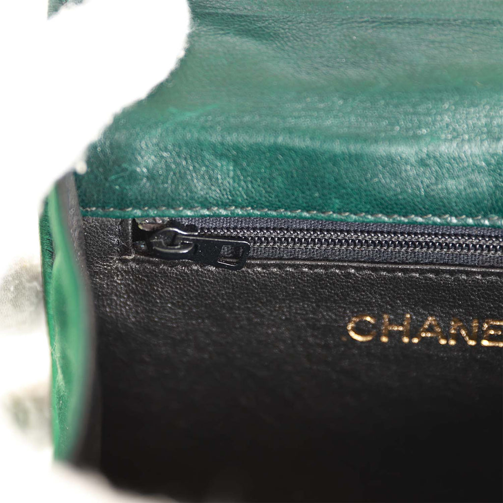 Vintage Chanel Mini Camellia Flap Bag Green Satin Gold Hardware