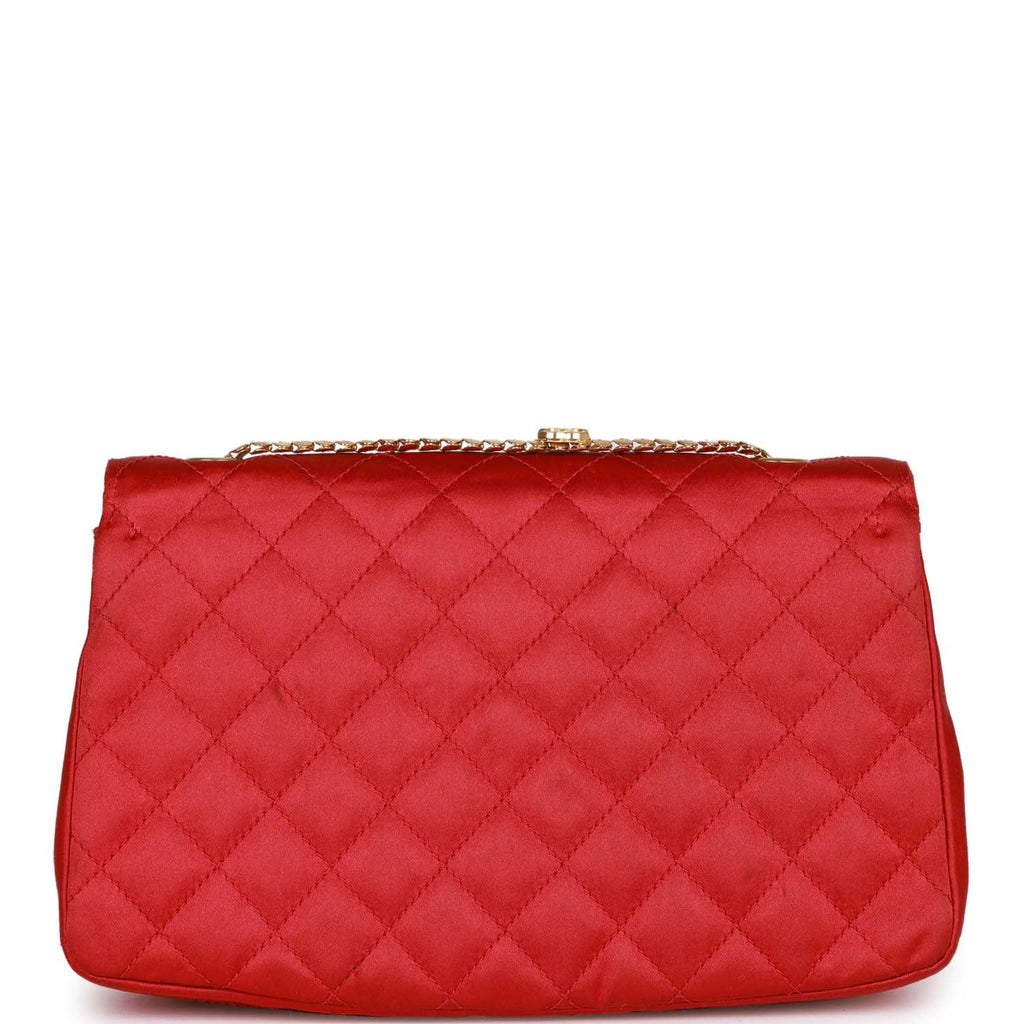 Chanel Quilted CC Red Satin Chain Around Clutch Bag