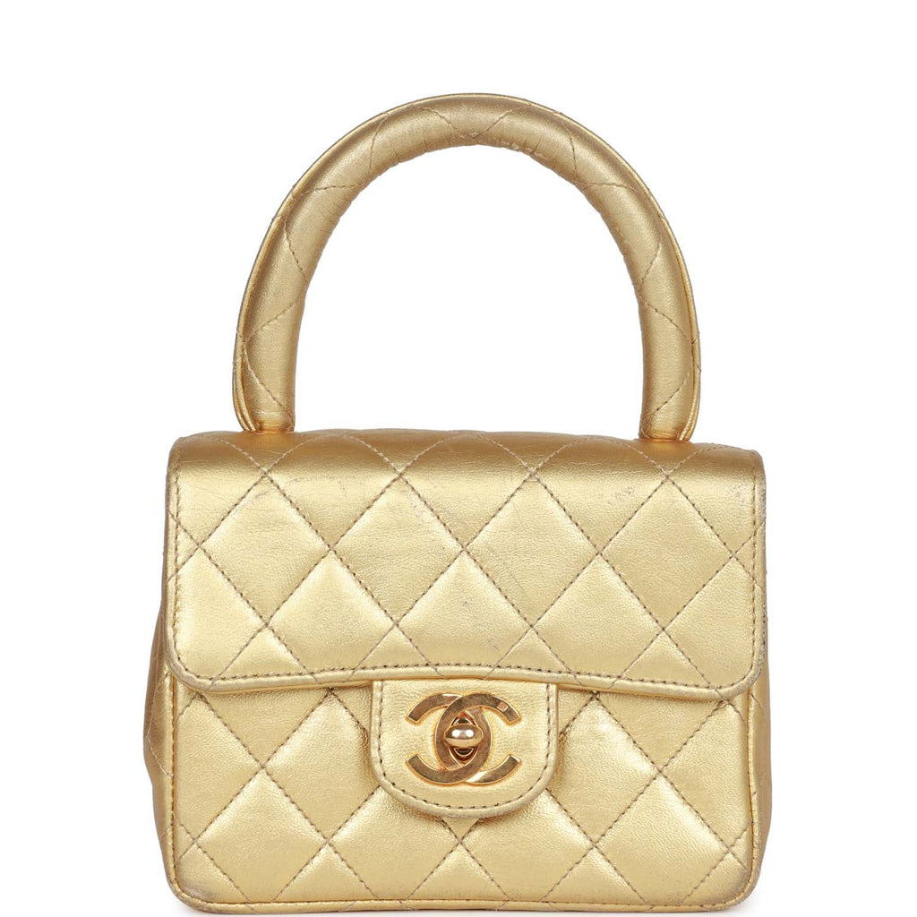 Vintage Chanel Micro Kelly Child Flap Bag Gold Metallic Lambskin