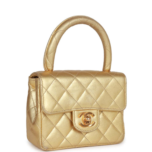 CHANEL Gold Micro Bag Quilted Lambskin Leather Flap Logo Chain