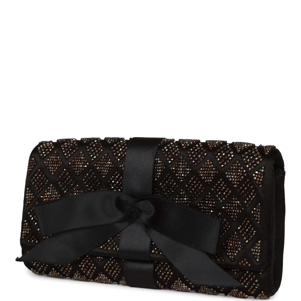 Vintage Chanel Bead Embellished Bow Flap Clutch Black Satin