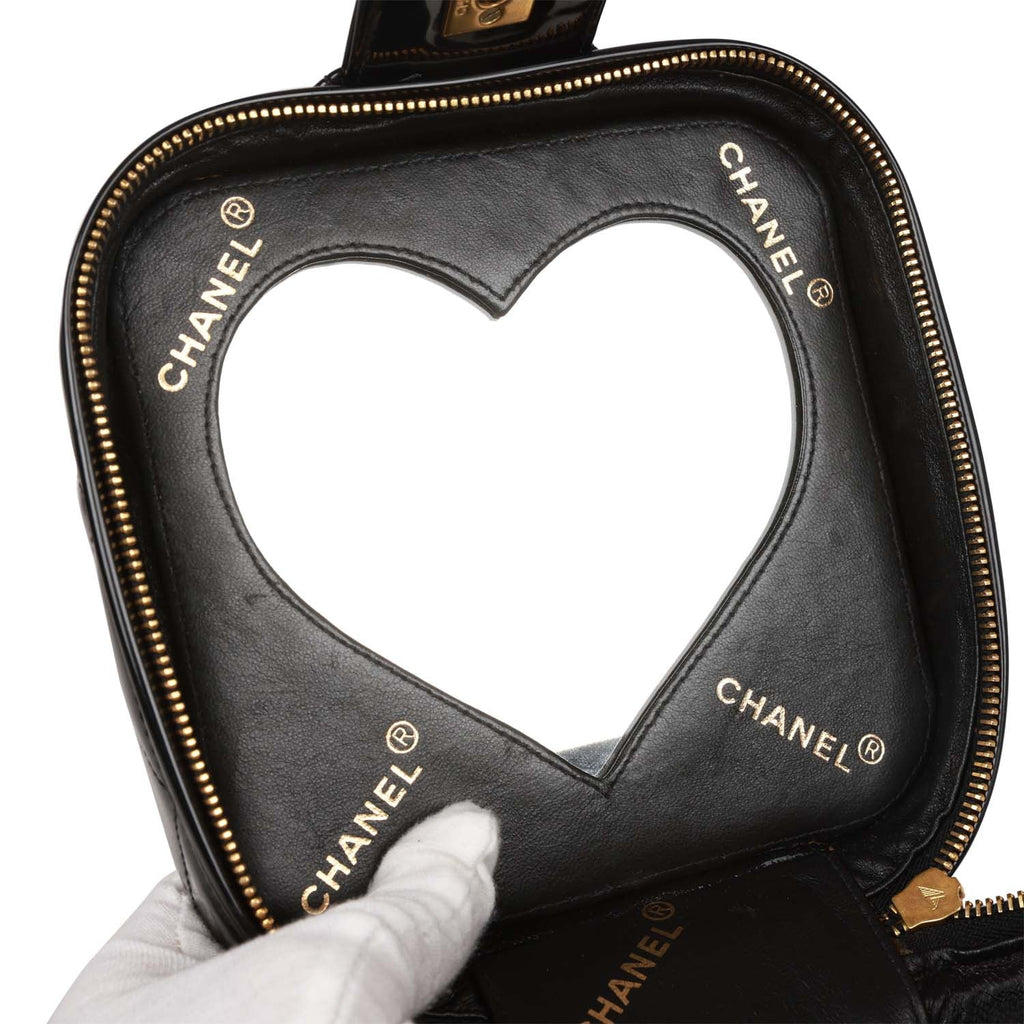 Vintage Chanel Heart Vanity Bag Beige and Black Patent Antique