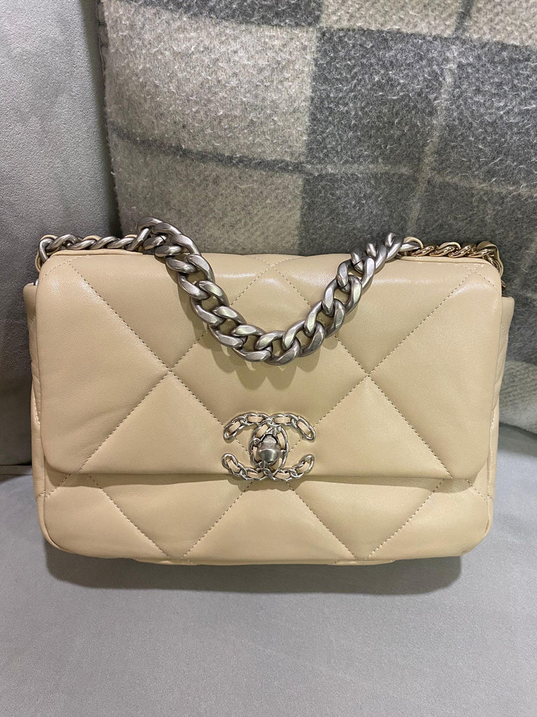 Chanel Lambskin Quilted Large Chanel 19 Flap Light Beige