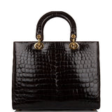 Pre-owned Christian Dior Dark Brown Large Lady Dior Alligator Tote Gold Hardware