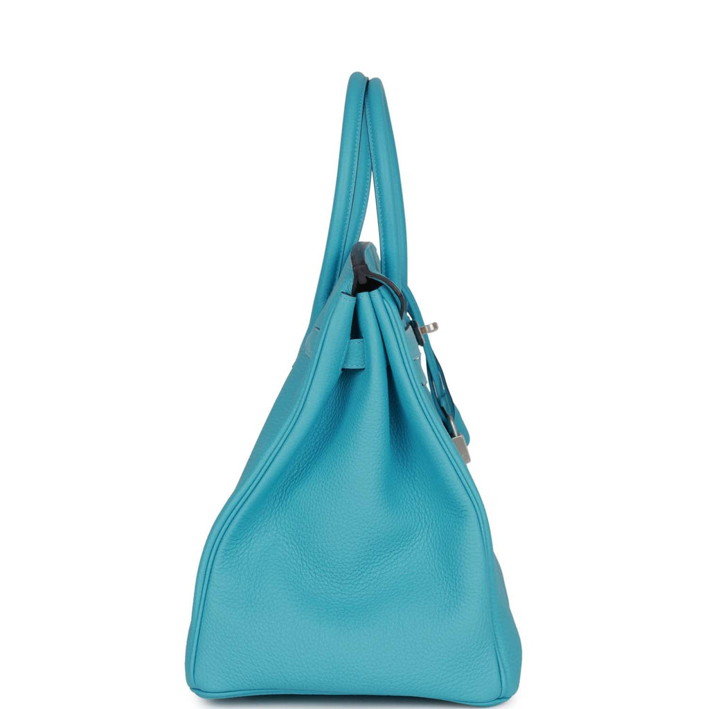 Authentic Hermes Birkin 35cm Bleu Lin Togo Leather Handbag Palladium