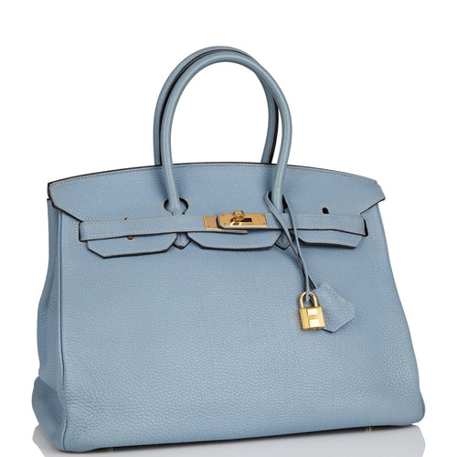 Pre-owned Hermes Birkin 35 Bleu Lin Togo Gold Hardware