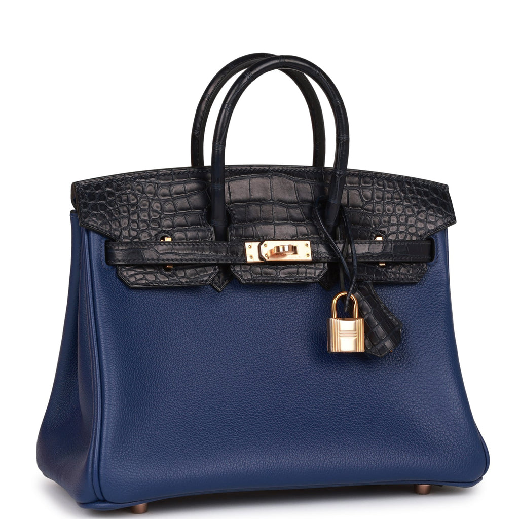 Hermes Birkin Touch bag 25 Blue nuit Togo leather/Matt alligator crocodile  skin Silver hardware