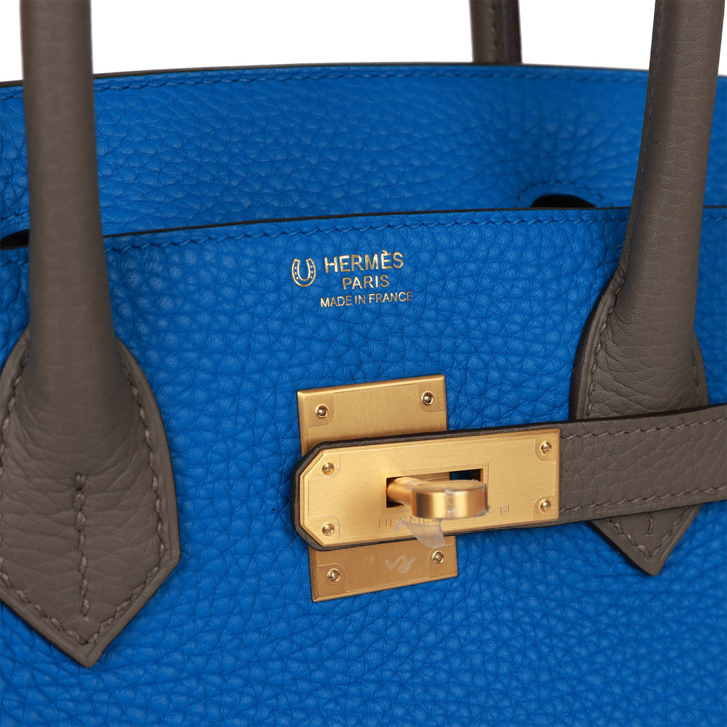Hermes Special Order (HSS) Birkin 30 Bleu Electrique and Etain Clemence Brushed Gold Hardware