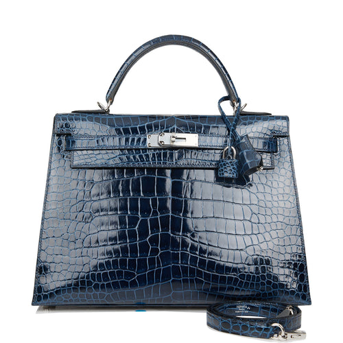 Hermes Kelly Sellier 32 Bleu Baltique Shiny Porosus Crocodile Palladium Hardware