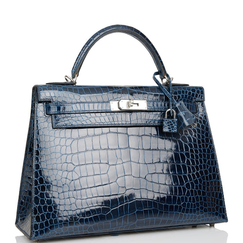 Hermes Kelly Sellier 32 Bleu Baltique Shiny Porosus Crocodile Palladium Hardware