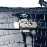 Hermes Kelly Sellier 32 Bleu Baltique Shiny Porosus Crocodile Palladium Hardware