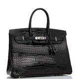 Pre-owned Hermes Birkin 35 Black Shiny Porosus Crocodile Palladium Hardware