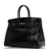 Pre-owned Hermes Birkin 35 Black Shiny Porosus Crocodile Palladium Hardware