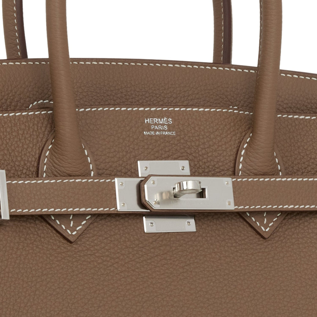 HERMÈS, ETOUPE BIRKIN 30 IN VEAU TOGO LEATHER WITH WHITE CONTRAST  STITCHING AND PALLADIUM HARDWARE, 2020, Handbags and Accessories, 2020