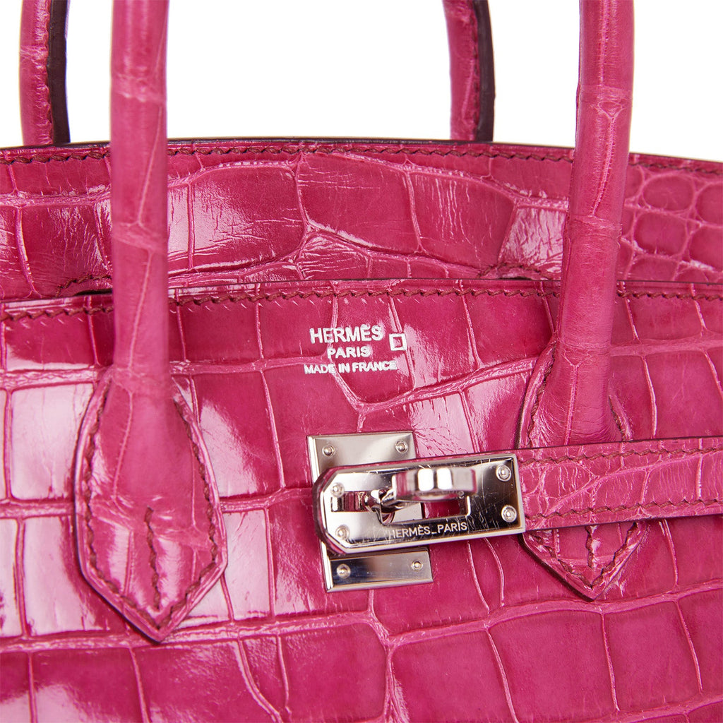 HERMES Birkin 25 Pink Rose Shiny Crocodile Exotic Palladium Top Handle Bag  For Sale at 1stDibs