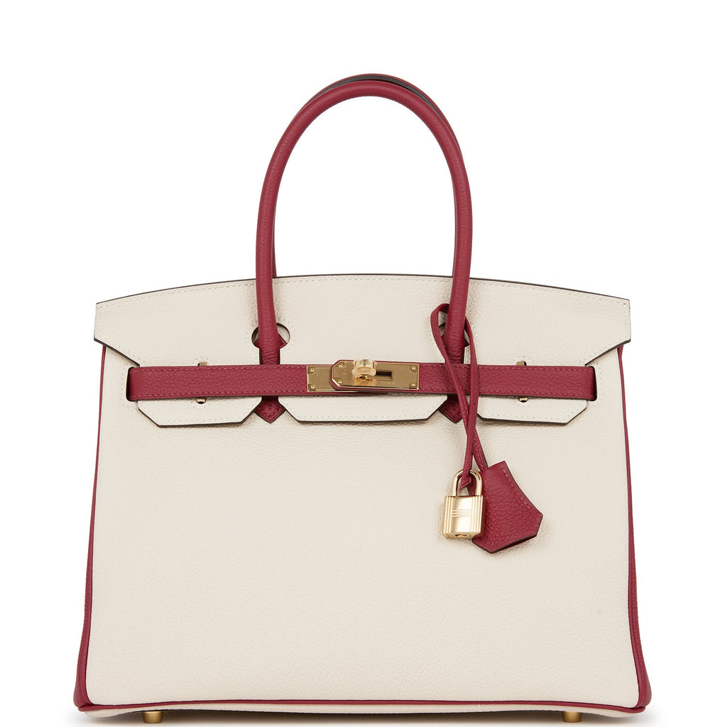 Hermes Special Order (HSS) Birkin 30 Craie and Rouge Grenat Togo Permabrass Hardware Ivory/Red Madison Avenue Couture