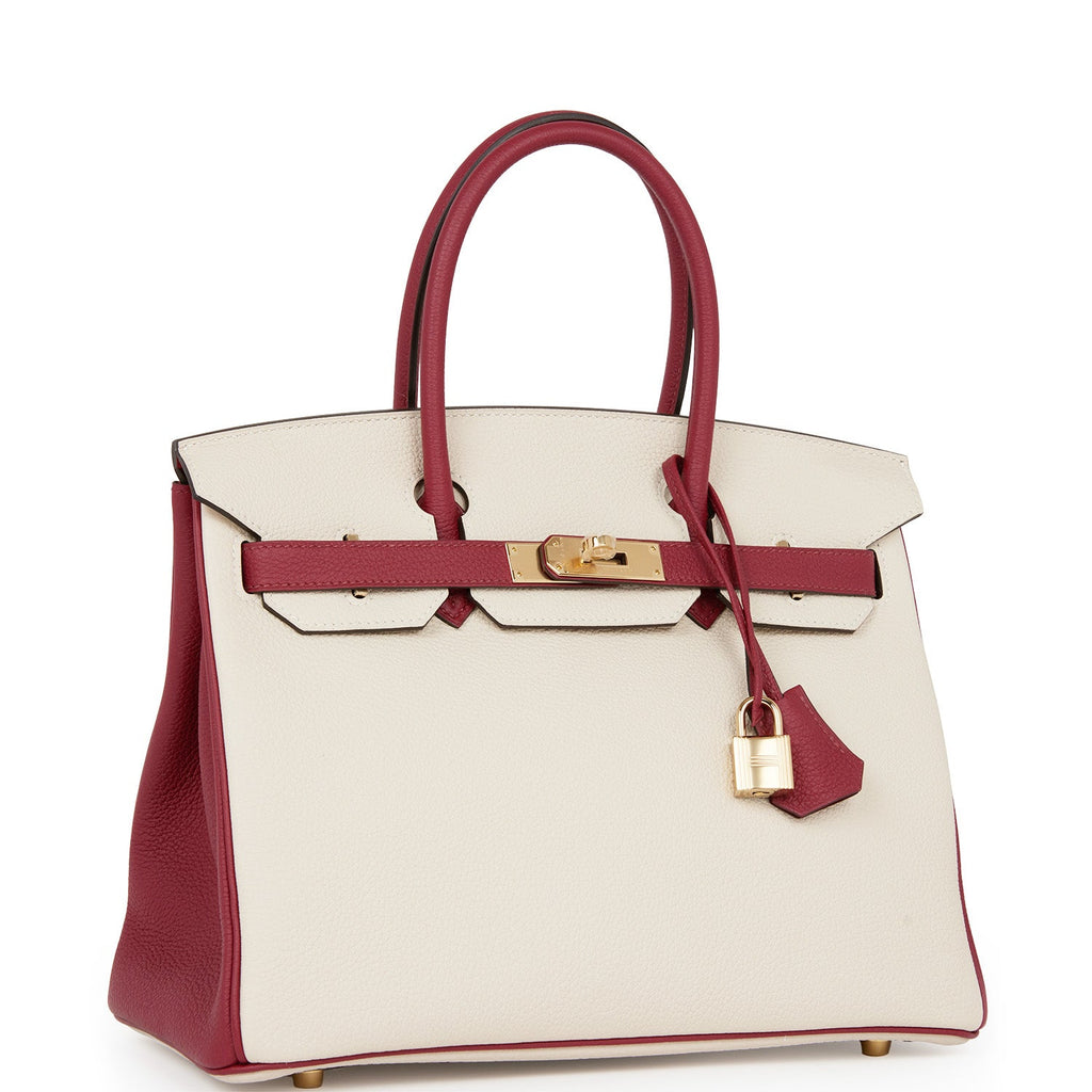 Hermes Special Order (HSS) Birkin 30 Craie and Rouge Grenat Togo Permabrass Hardware Ivory/Red Madison Avenue Couture