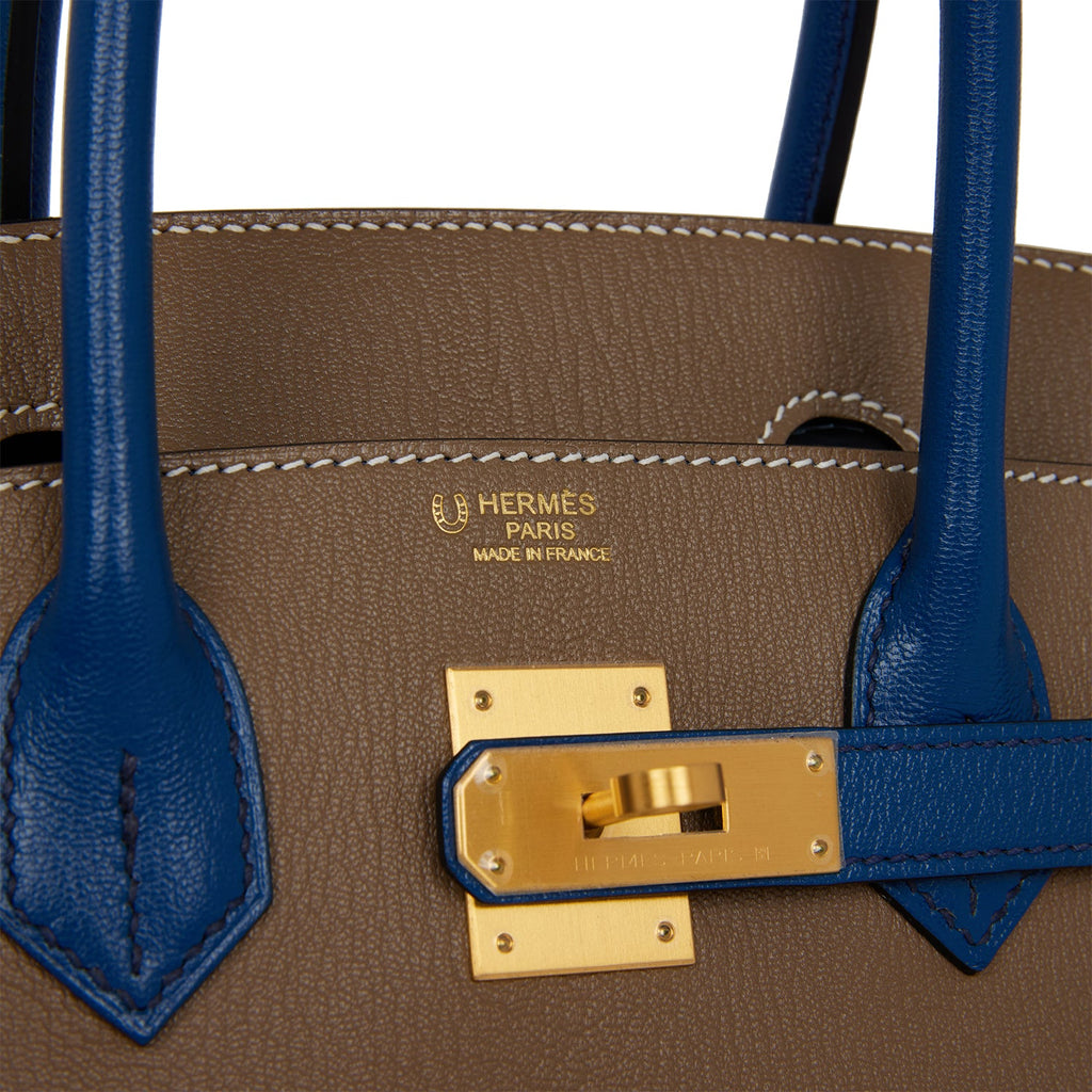 Hermès Special Order Birkin 30 Craie and Gris Asphalt Brushed Gold Hardware  at 1stDibs