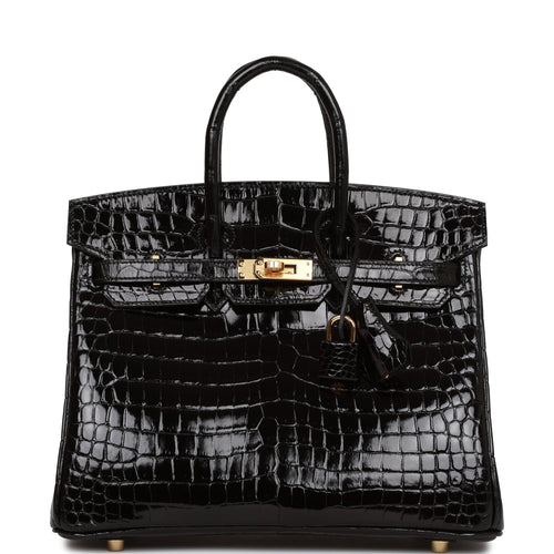 Hermes Birkin 25 Black Shiny Porosus Crocodile Gold Hardware