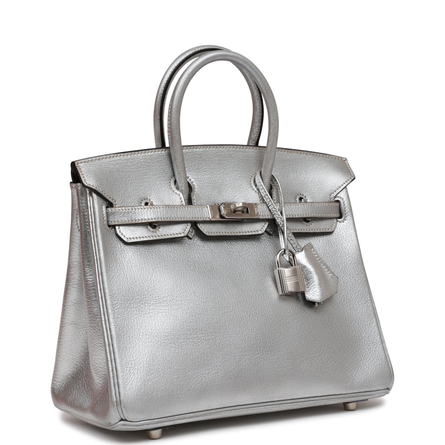 Pre-owned Hermes Birkin 25 Silver Metallic Chevre Palladium Hardware ...