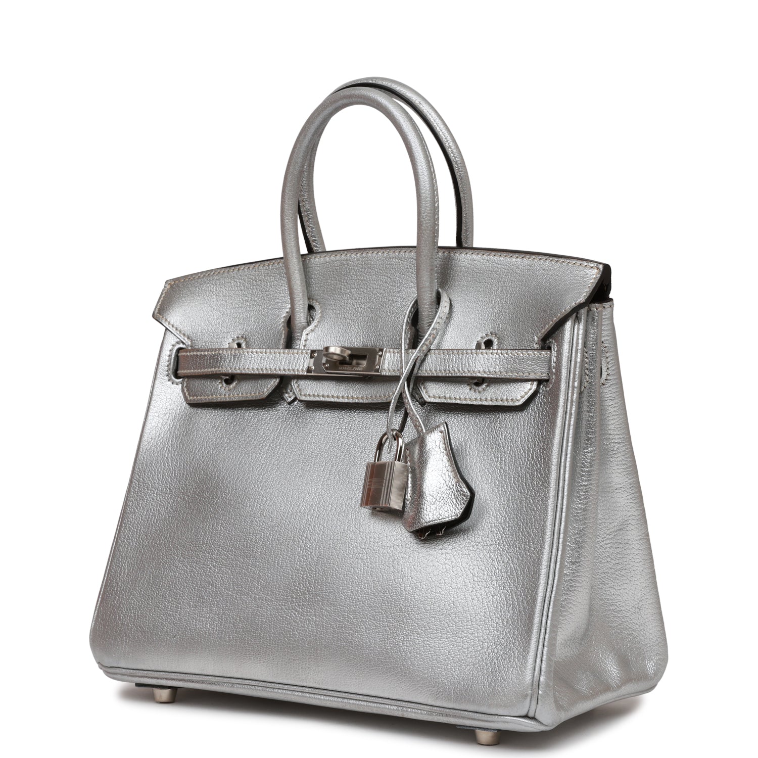 Pre-owned Hermes Birkin 25 Silver Metallic Chevre Palladium Hardware ...