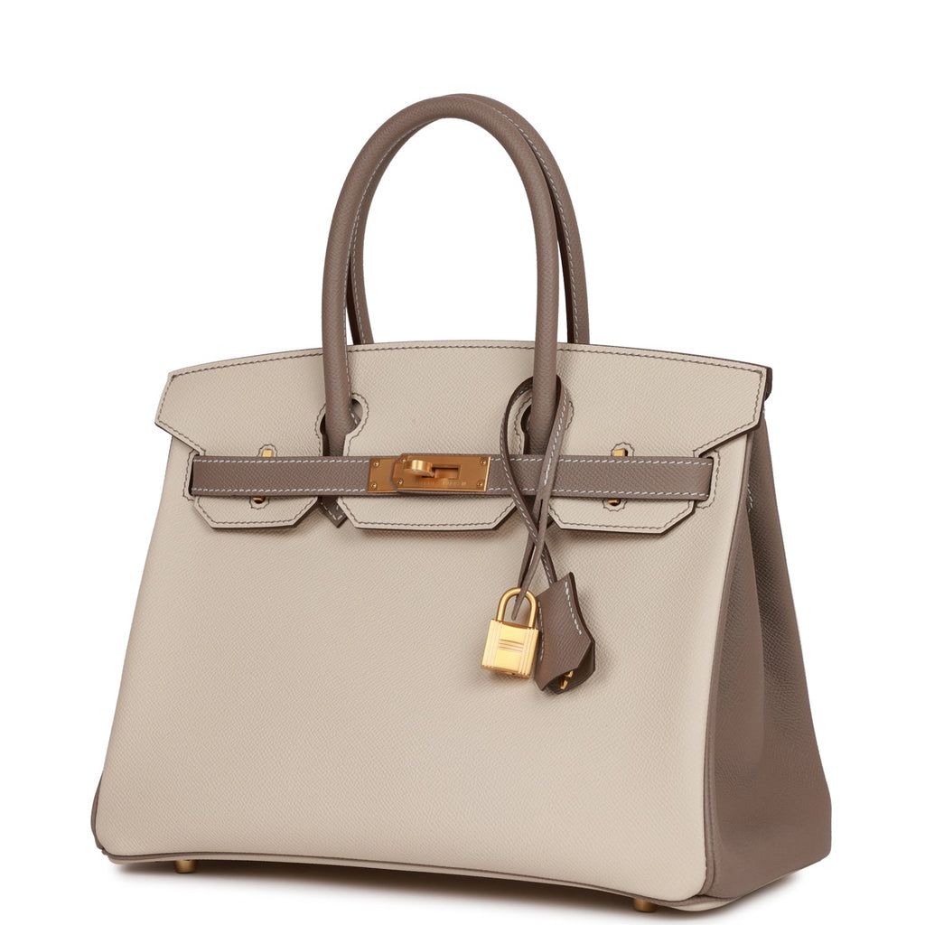 Hermes Special Order (HSS) Kelly Sellier 25 Craie and Gris Mouette Epsom Brushed Palladium Hardware Grey/Ivory Madison Avenue Couture