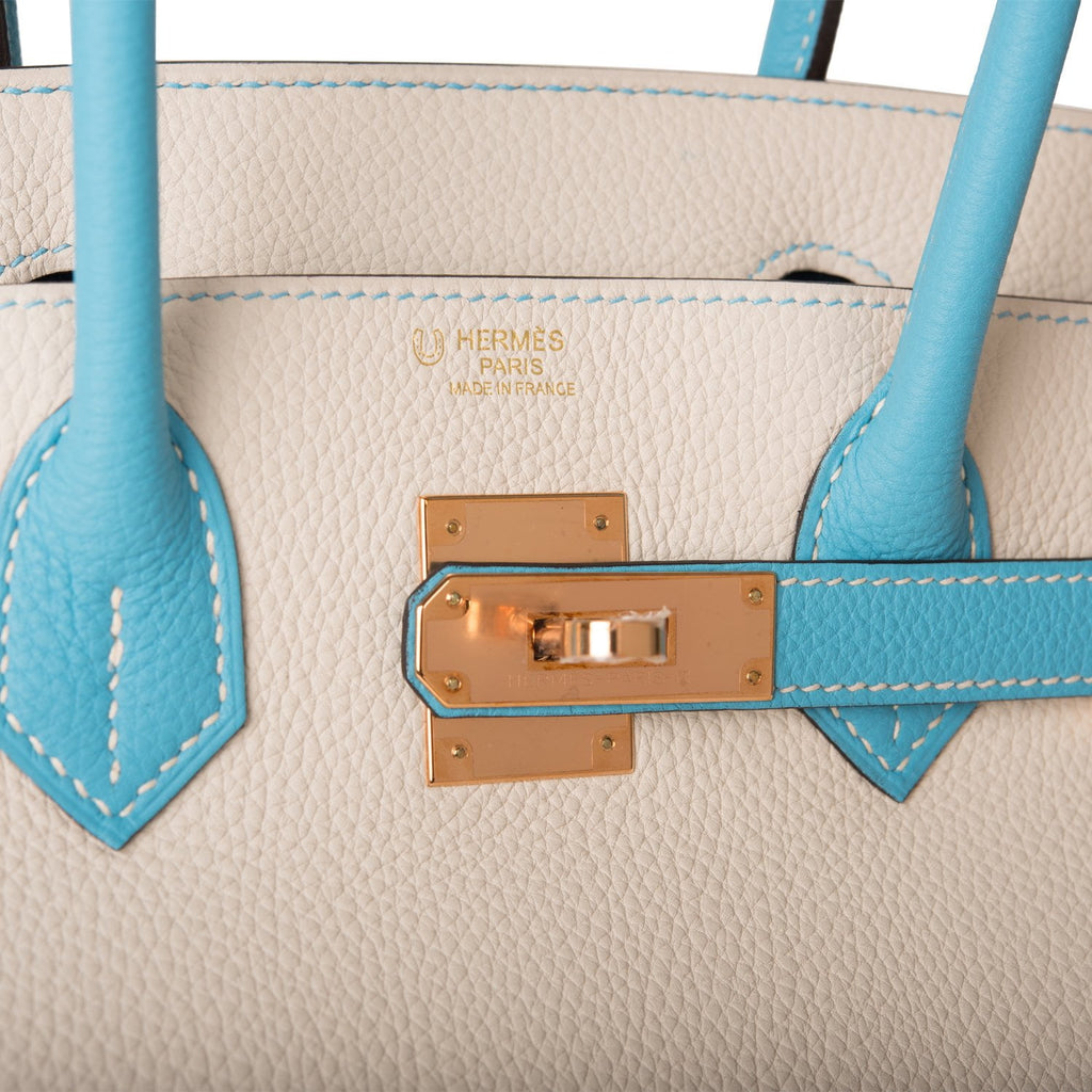 Hermes HSS Bicolor Craie & Bleu Atoll Togo Birkin 30cm Rose Gold – Madison  Avenue Couture
