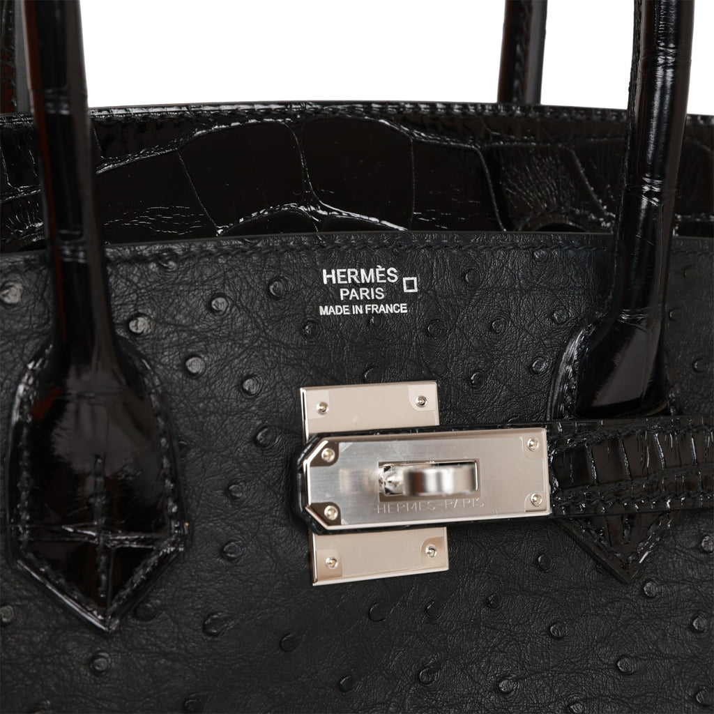 Hermes Birkin 30 Black Shiny Alligator and Ostrich Touch Palladium Hardware