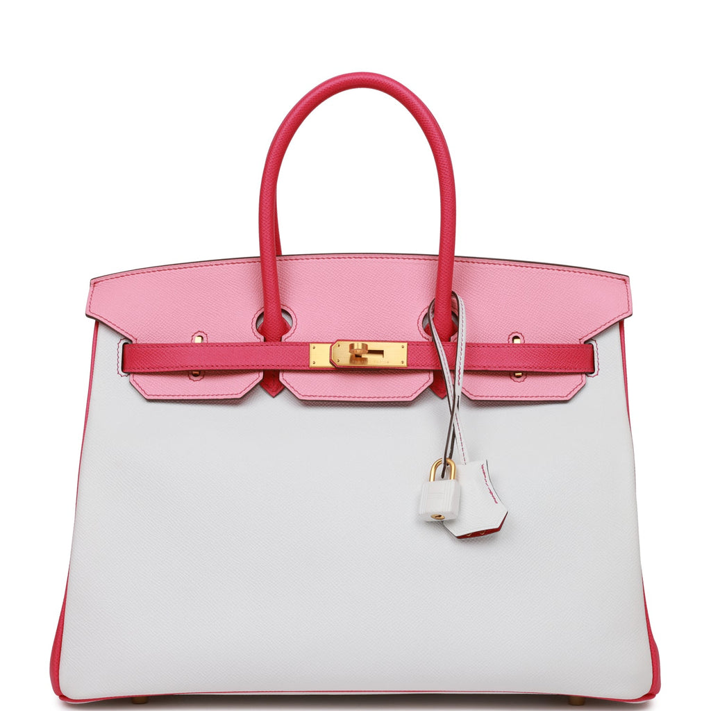 Pre-owned Hermes Special Order (HSS) Birkin 35 Rose Tyrien, Rose Lipstick and White Epsom Brushed Gold Hardware