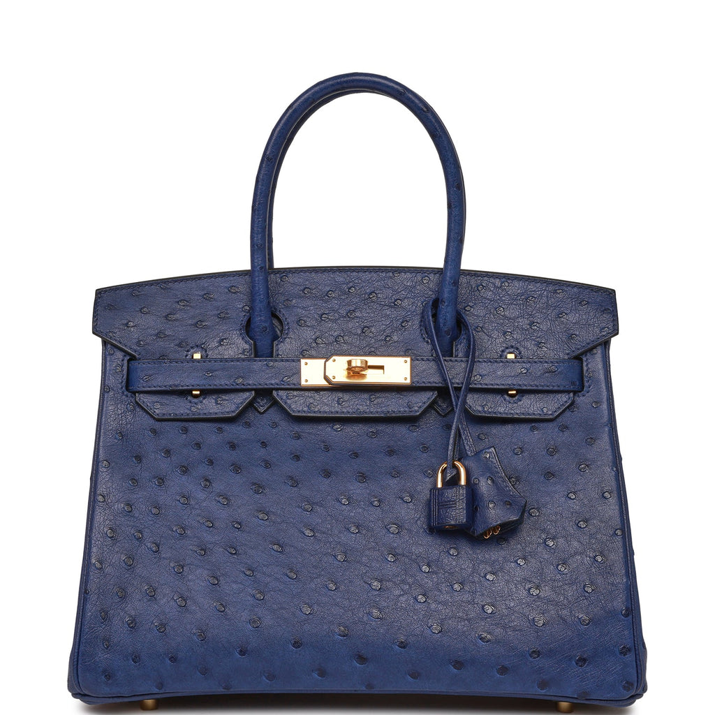 Hermes Birkin 30 Bag Blue Iris Ostrich Leather Handstitched Silver hw 