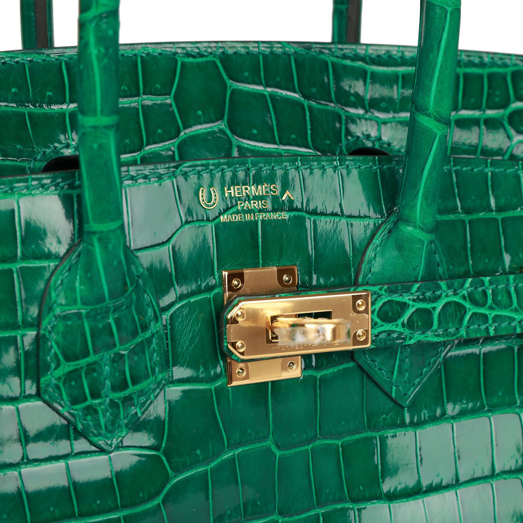 Hermes Special Order (HSS) Birkin 30 Emerald and Rose Scheherazade Shiny  Niloticus Crocodile Brushed Gold Hardware