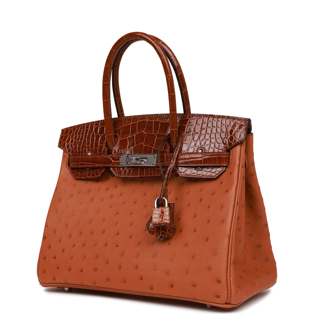 Hermès Ostrich and Shiny Alligator Cognac and Miel Birkin Touch 30 - Brown  Handle Bags, Handbags - HER462608