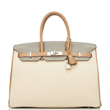 Pre-owned Hermes Special Order (HSS) Birkin 35 Parchemin, Gold and Etain Clemence Brushed Palladium Hardware