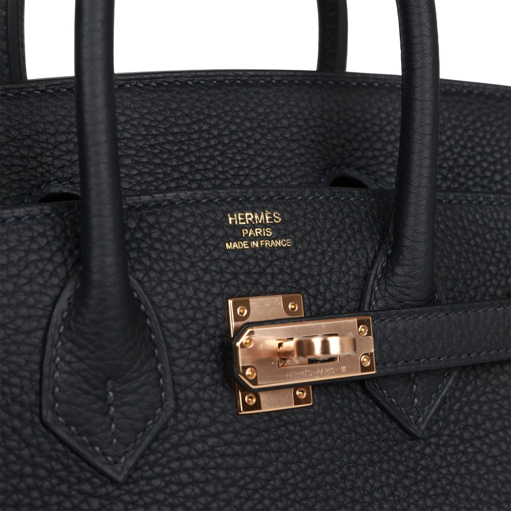 Hermes Black Togo Leather Rose Gold Hardware Birkin 25 Bag